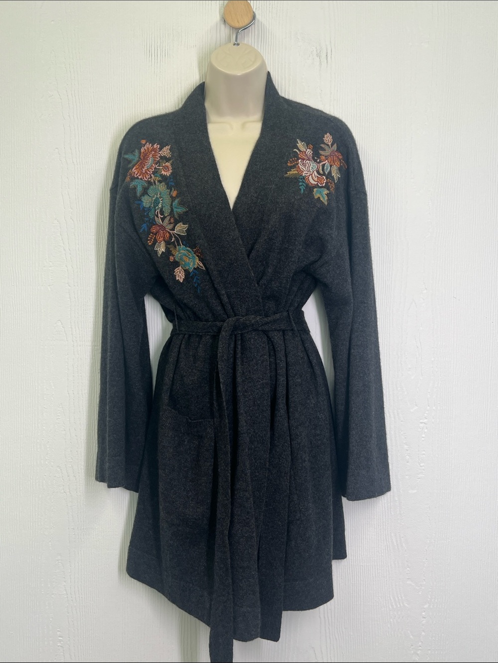 Johnny Was - Colorful Floral Embroidered Charcoal Cashmere  Cardigan  Size Large
